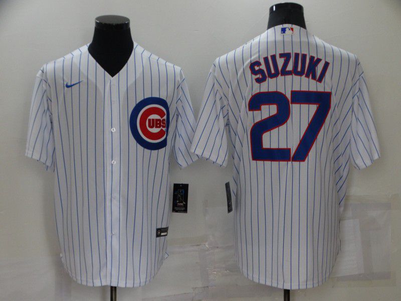 Men Chicago Cubs #27 Suzuki White Strip Game 2022 Nike MLB Jersey